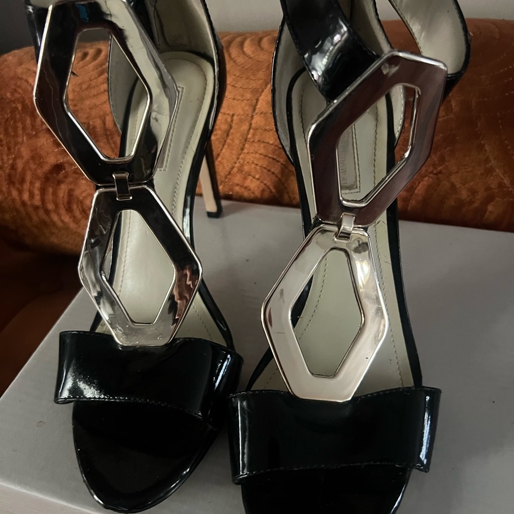 Black Patent High Heel Sandals with Silver Geometric Accent